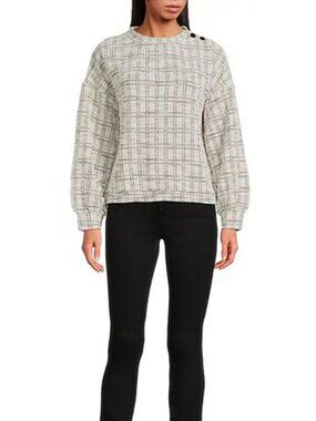 Buru Knit Pullover Casual Top XS Snappy Shoulder Plaid Ivory Black NWT